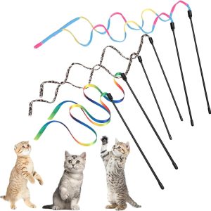 Aczyqws 6 Packs Cat Wand Toy Set, 30cm Cat Interactive Wand with 60cm Rainbow Ribbon StringCloth String for Pet Kitten Training Exerciser Kitten Catcher(6 Pcs)