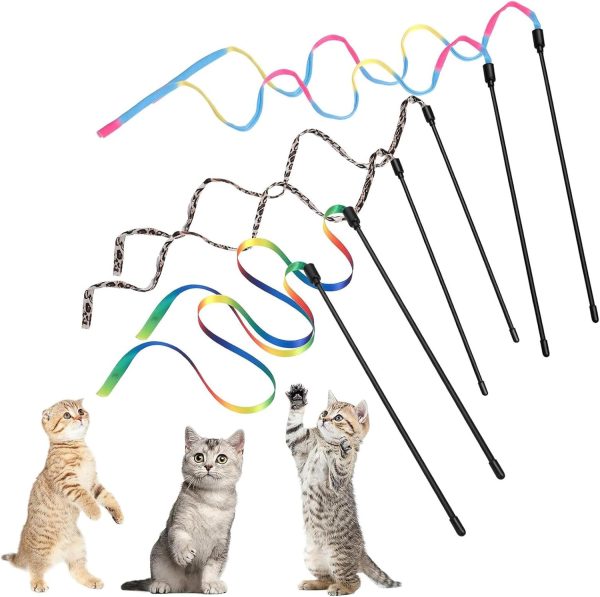 Aczyqws 6 Packs Cat Wand Toy Set, 30cm Cat Interactive Wand with 60cm Rainbow Ribbon StringCloth String for Pet Kitten Training Exerciser Kitten Catcher(6 Pcs)