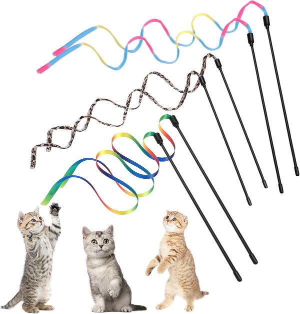 Amaxiu Cat Wand Toy Set, Interactive Cat Wand Toy with Rainbow Ribbon String, Rainbow Cloth String, Leopard Print Cloth String for Small Cats Kittens Indoor Training Catcher(6 Packs)