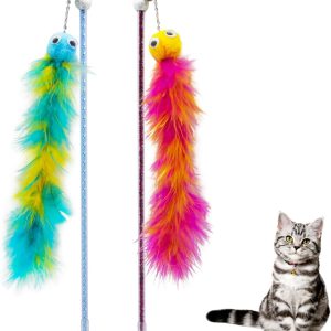 Andiker Cat Feather Toys, 2PCS Cat Wand Toys with Bell&Plush Balls, 12in Colourful Interactive Kitten Teaser Toy, Funny Interactive Cat Toys for Cat Indoor Playing Training (Red + Green)