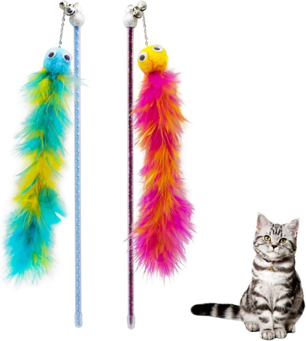 Andiker Cat Feather Toys, 2PCS Cat Wand Toys with Bell&Plush Balls, 12in Colourful Interactive Kitten Teaser Toy, Funny Interactive Cat Toys for Cat Indoor Playing Training (Red + Green)