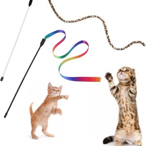 Andiker Cat Wand Teaser Toys，2Pcs Plastic Rainbow Cat Interactive Toys for Indoor Cats Colorful Ribbon&Leopard Print Cat Fishing Pole Toys Training Exerciser for Cat Gifts and Kitten Lovers (2pcs)