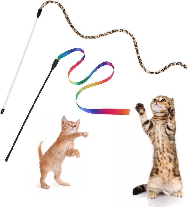 Andiker Cat Wand Teaser Toys，2Pcs Plastic Rainbow Cat Interactive Toys for Indoor Cats Colorful Ribbon&Leopard Print Cat Fishing Pole Toys Training Exerciser for Cat Gifts and Kitten Lovers (2pcs)