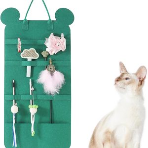 BAMY Cat Wand Toy Storage Bag Cat Teaser Wand Holder with Thickened Felt for Neatly Organizing Cat Toys Bear Design Toy Buggy Bag (Green)