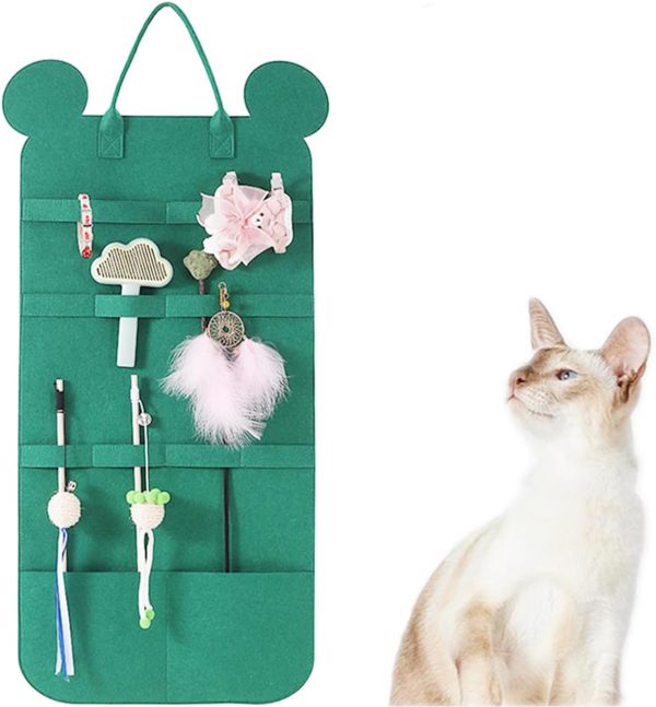 BAMY Cat Wand Toy Storage Bag Cat Teaser Wand Holder with Thickened Felt for Neatly Organizing Cat Toys Bear Design Toy Buggy Bag (Green)