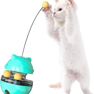 BEE&FLOWER Treat Dispenser Cat Tumbler Toy with Rotating Cat Track Ball, Tumbler Teaser Cat Toy with Cat Hunting Ball and Teasing Wand, Cat Food Dispenser Toy for Slow Feeding