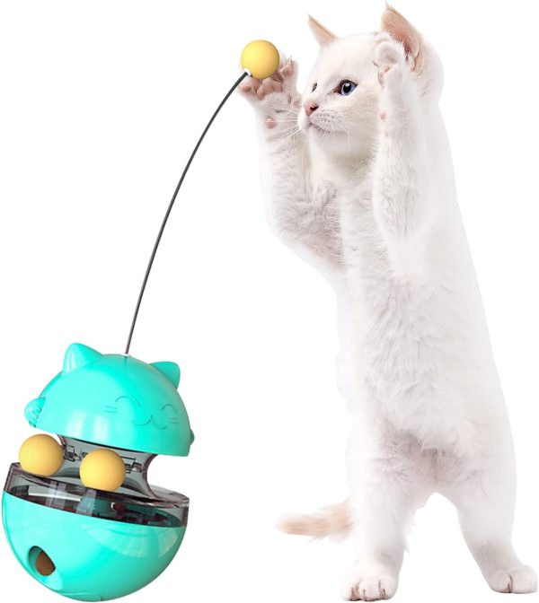 BEE&FLOWER Treat Dispenser Cat Tumbler Toy with Rotating Cat Track Ball, Tumbler Teaser Cat Toy with Cat Hunting Ball and Teasing Wand, Cat Food Dispenser Toy for Slow Feeding