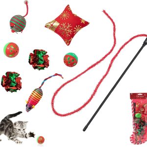 BRTNUP 8Pcs Cat Teaser Santa Claus Wand Toys, Cat Toys Cat Teasing Toy, Xmas Interactive Cat Teaser, Christmas Stocking Cat Toy Set, Teaser Wand Cat Toy for Indoor Cat Kitten Exercise Playing