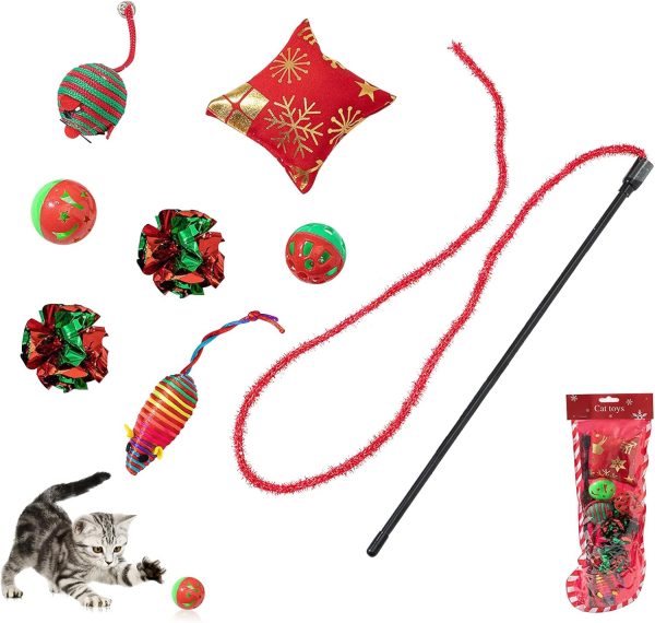 BRTNUP 8Pcs Cat Teaser Santa Claus Wand Toys, Cat Toys Cat Teasing Toy, Xmas Interactive Cat Teaser, Christmas Stocking Cat Toy Set, Teaser Wand Cat Toy for Indoor Cat Kitten Exercise Playing