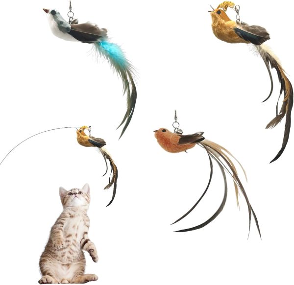 Bekecidi Cat's Carnival -3 Cats and Feather Toy Kits, Durable Interactive and Interesting Stick Feather Toys, The Perfect Indoor Activity of Cats and Kittens (Brown, Veda Bird, Bluebird)