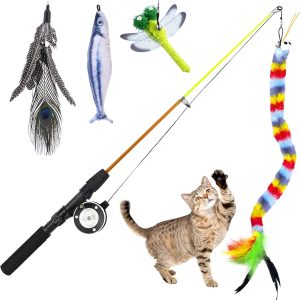 Cat Fishing Pole Toy, 1 Retractable Cat Wand 4 Replacement Attachments with Feathers Fish Dragonfly Caterpillar with Crinkle Paper Interactive Kitten Toys Gifts with Detachable Bells Nylon Rope