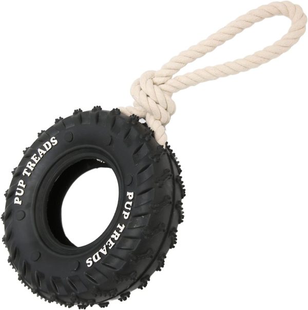 Dog Tire Chew Toy, Dog Rope Tug Toy Rubber Tyre Dog Toy for Throwing and Retrieval Interactive Games - Interactive Treat Dispenser, High Strength, Portable with Rope for Medium Dogs (Black)