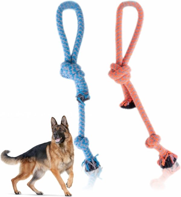 Dog Toy Heavy Duty Doggy Rope Tug Chew Toy Aggressive Chewer Tug Playtime And Training Cotton Rope Interactive Toy For Chewing Cleaning Teeth Gums Pet Accessories Assorted Colours 35.5cm (1Pc)