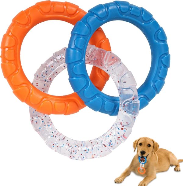 Duuclume TPR 3-Ring Tug Dog Toy, Durable & Water Resistant Dog Chew Toy for Pets Training Teething, Interactive Fetch Toy for Puppy Small Medium Large Breeds Aggressive Chewers (Orange & Blue)