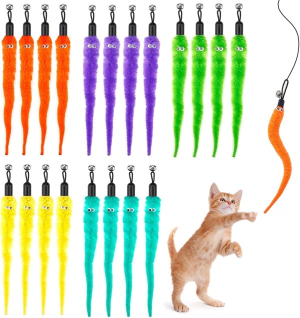 FAURAPMNG 20 Pcs Cat Worm Replacement Toy, Interactive Cat Wand Toy Refills, Assorted Teaser Refills with Bells, Kitten Wands Toy for Indoor Cats Training Exerciser