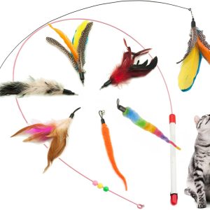 Fashion's Talk Feather Wire Wands Kitten Toys Worm Teaser Wand Cat Toy with Replacement Pack