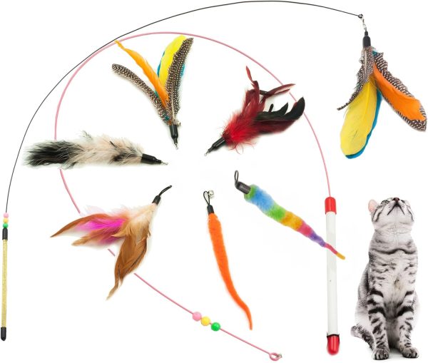 Fashion's Talk Feather Wire Wands Kitten Toys Worm Teaser Wand Cat Toy with Replacement Pack