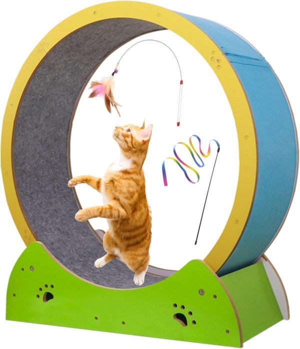 GLJTUO Indoor Cat Exercise Wheel With Cat Wand Toy, Small Medium Cat Treadmill Running Wheel With Non Slip Carpet Runway, 67 Cm Cat Ferris Toys,