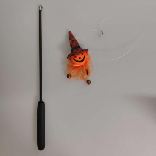 Halloween Pumpkin Telescopic Cat Teaser Wand - Extendable Fishing Rod Toy with Bells, Interactive Cat Toy for Halloween Fun and Exercise