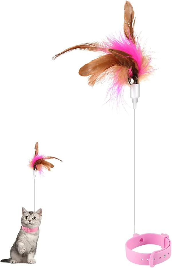 JYTDBCS Cat Teaser Wand Toy, Cat Teasing Wand Collar Silicone Adjustable Cat Wand Toy Feather with Bell Cat Interactive Teaser Toys for Indoor Cat Kittens Playing Exercise (Pink)