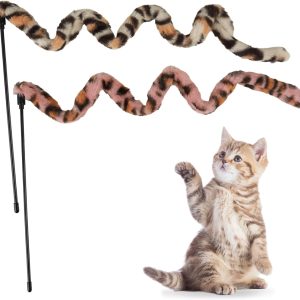 Jeffdad 2-Piece Interactive Cat Wand Toy, Interactive Cat Wand Leopard Ribbon Toy fits most cats and kittens