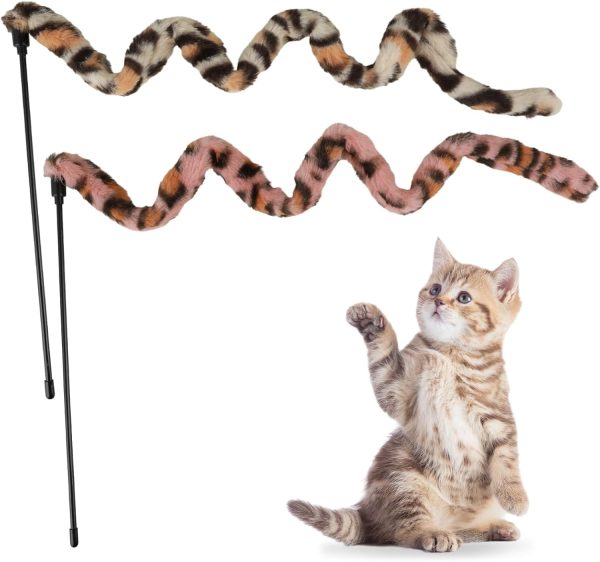 Jeffdad 2-Piece Interactive Cat Wand Toy, Interactive Cat Wand Leopard Ribbon Toy fits most cats and kittens