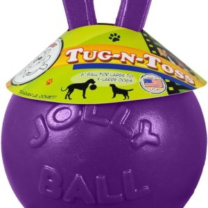 Jolly Pets Tug-n-Toss Heavy Duty Dog Toy Ball with Handle, 8 Inches/Large, Purple