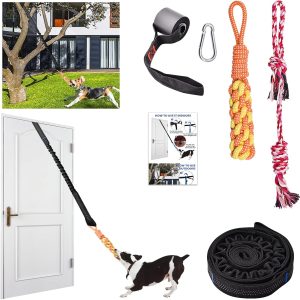 KATOLK Door Anchor Dog Hanging Bungee Tug Toy for Small Dog Pull Rope and Tug of War, Indoor Outdoor Pull Interactive Toy, Durable Retractable Tugger Dog Rope Toy with 2 Chew Toys for Dogs and Cats