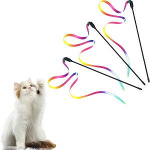 LZGOPE 3 pcs cat interactive toys, cat wand rainbow toys, gradient rainbow ribbon wand for kitten training, colorful ribbon cat toys