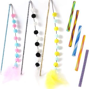 MUEEAD 3 Pcs Cat Teaser Wand With 5Pcs Long Tube Spring, Cat Fur Ball Toy, Cat Teaser Interactive Toy, Feather Teaser Stick, Fluffy Furball Teaser Stick, Pet Toys