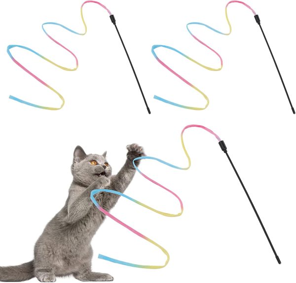 Molain Cat Wand Rainbow Toy, 3pcs Rainbow Ribbon Wand for Kittens Training, Rainbow Ribbon Cat Wand, Interactive Cat Wand, Stick Toy for Kitten Cat Exerciser Playing(30cm)