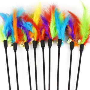 Myazs Feather Colorful Funny For Cat Stick Catcher Beautiful Wand Pet Interactive Pet Activity Play Interactive Stick Crinkle Bouncer Plush Feather StringToy Catcher Teaser Wand Chew Rod Scratch Post