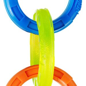 Nerf Dog Rubber 3-Ring Tug Dog Toy, Lightweight, Durable and Water Resistant, 10.5 Inches, For Medium/Large Breeds, Single Unit, Blue/Green/Orange