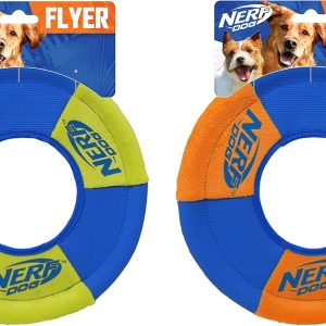 Nerf Dog Toss and Tug Ring Dog Toy, Flying Disc, Lightweight, Durable and Water Resistant, 9 Inch Diameter, For Medium/Large Breeds, Two Pack, Green and Orange