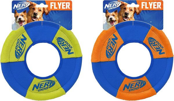 Nerf Dog Toss and Tug Ring Dog Toy, Flying Disc, Lightweight, Durable and Water Resistant, 9 Inch Diameter, For Medium/Large Breeds, Two Pack, Green and Orange