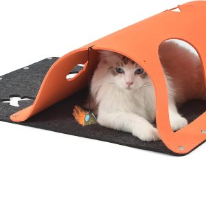 PETULANE Cat Activity Play Mat 2 Pcs, Pet Rug Cat Tunnels for indoor Cats Snuggly Exercise Tent Cat Toys Mouse Catnip Stimulation Kitten Bed House Indoor Accessories DIY Foldable (Orange)