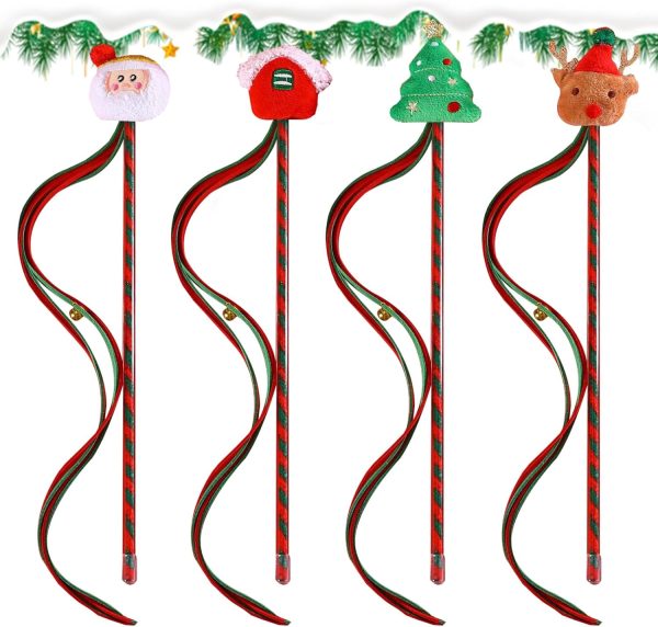 PORUPAEL 4pcs Christmas Cat Toys Xmas Cat Wand Toy Interactive Cat Teaser Wand Toys with Bells Santa Claus Christmas Hat Christmas Tree Christmas Elk Cat Wand Stick Funny Cat Interactive Toys