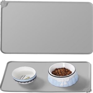 Silicone Pet Placemat - Non-Slip Waterproof Dog and Cat Feeding Mat with Raised Edges - Pet Food Mat for Bowls - Easy to Clean, 48cm x 30cm - Gray