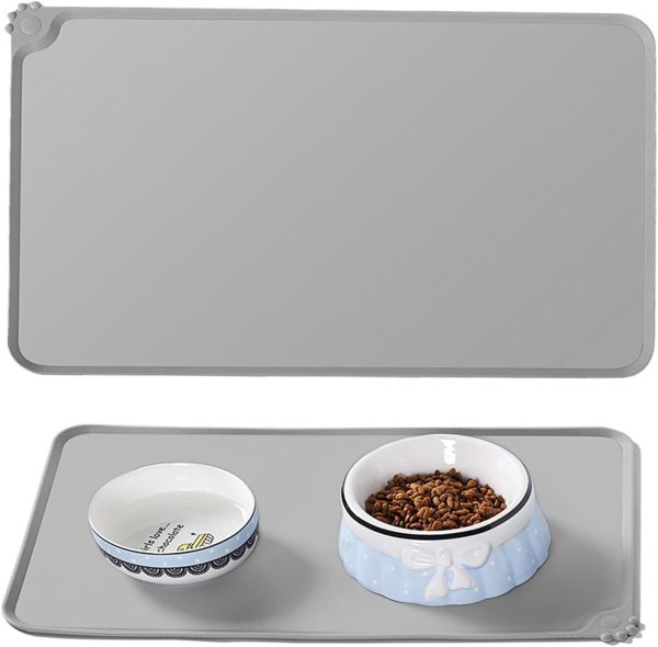 Silicone Pet Placemat - Non-Slip Waterproof Dog and Cat Feeding Mat with Raised Edges - Pet Food Mat for Bowls - Easy to Clean, 48cm x 30cm - Gray