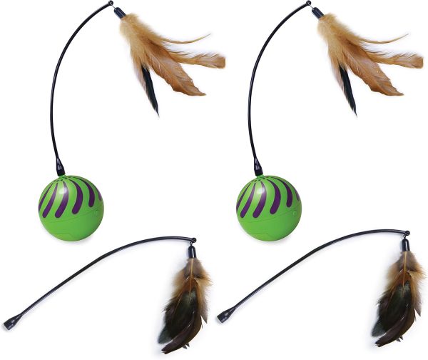 SmartKat (2 Count) Feather Whirl Electronic Motion Wand Cat Toys, Includes (2) Extra Wands, Battery Powered - Green, 2 Count