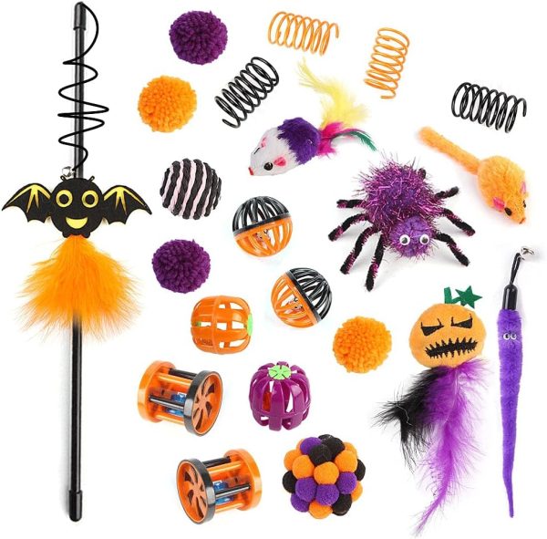 Speedy Panther 22 Pcs Cat Toys for Indoor Cats, Cat Teaser Wand Toy, Halloween Kitten Toy, Interactive Cat Wand Toys with Spring Toy, Mouse Toys and Plush Ball Toys