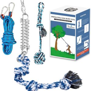 Spring Pole Dog Rope Toys: Dog Rope Pull & Tug of War Toy with a Big Spring Pole Kit & 2 Strong Dog Rope Toys & 16ft Rope - Muscle Builder Interactive Dog Toy for Pitbull Medium to Large Dog