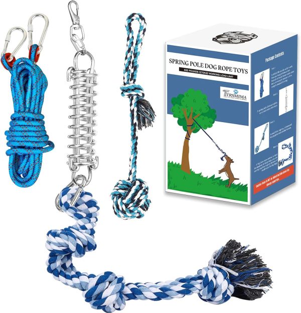 Spring Pole Dog Rope Toys: Dog Rope Pull & Tug of War Toy with a Big Spring Pole Kit & 2 Strong Dog Rope Toys & 16ft Rope - Muscle Builder Interactive Dog Toy for Pitbull Medium to Large Dog