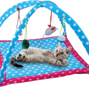 Tofern Multi-Function Pet Kitten Cat Interactive Activity Soft Fleece Folding Toy Mat Bed Hammock Tent With Hanging Mouse Bell Balls (Polka dots)