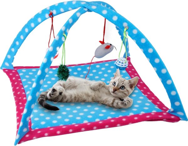 Tofern Multi-Function Pet Kitten Cat Interactive Activity Soft Fleece Folding Toy Mat Bed Hammock Tent With Hanging Mouse Bell Balls (Polka dots)