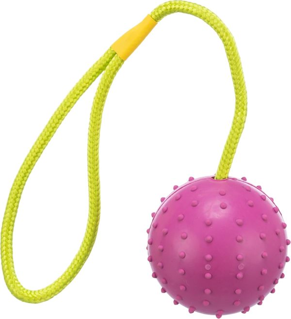 Trixie ball on rope, natural rubber, ø 7/30 cm, pink/lime, dog toy, fetch, tug-of-war