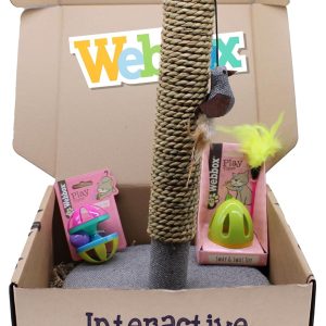 Webbox Interactive Cat Toy Bundle Box (3 Pack) - Feather Wand, Jingle Ball & Scratch Post for Indoor Adult Cats & Kittens