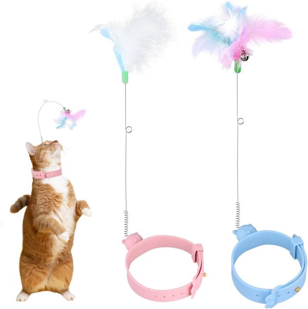 XIHIRCD 2pcs Cat Collar Toys, Silicone Feather Cat Teasing Wands with Neck Collar Adjustable Cat Wand Toys with Bell Cat Interactive Teaser Toys for Indoor Cat Playing Training