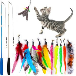 YiGeY Kitten Toys for Indoor Cats: Retractable Teaser Wand, Safe Non-Toxic, Portable and Lightweight, 12Pcs, Multiple Colors