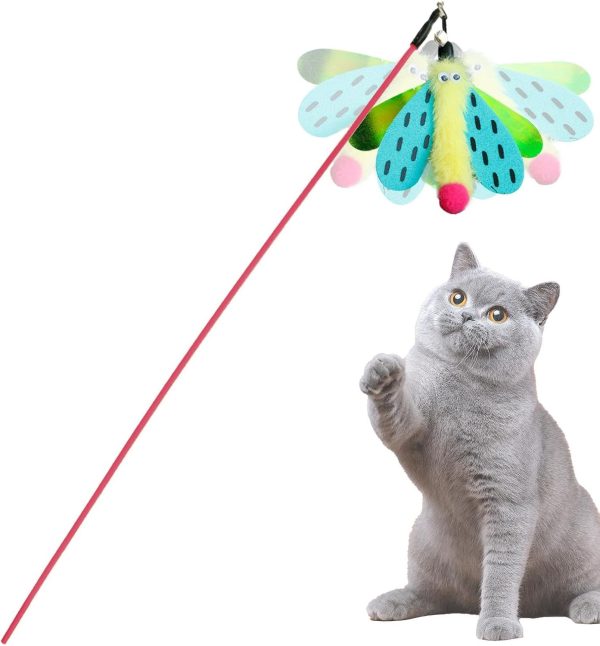 Zestvria Cat Wand Toy, Cat Teaser Wand Toy, Cat Toy with Bell, Dragonfly Cat Wand Toy, Interactive Cat Teaser Wand for Cat Kittens Fun